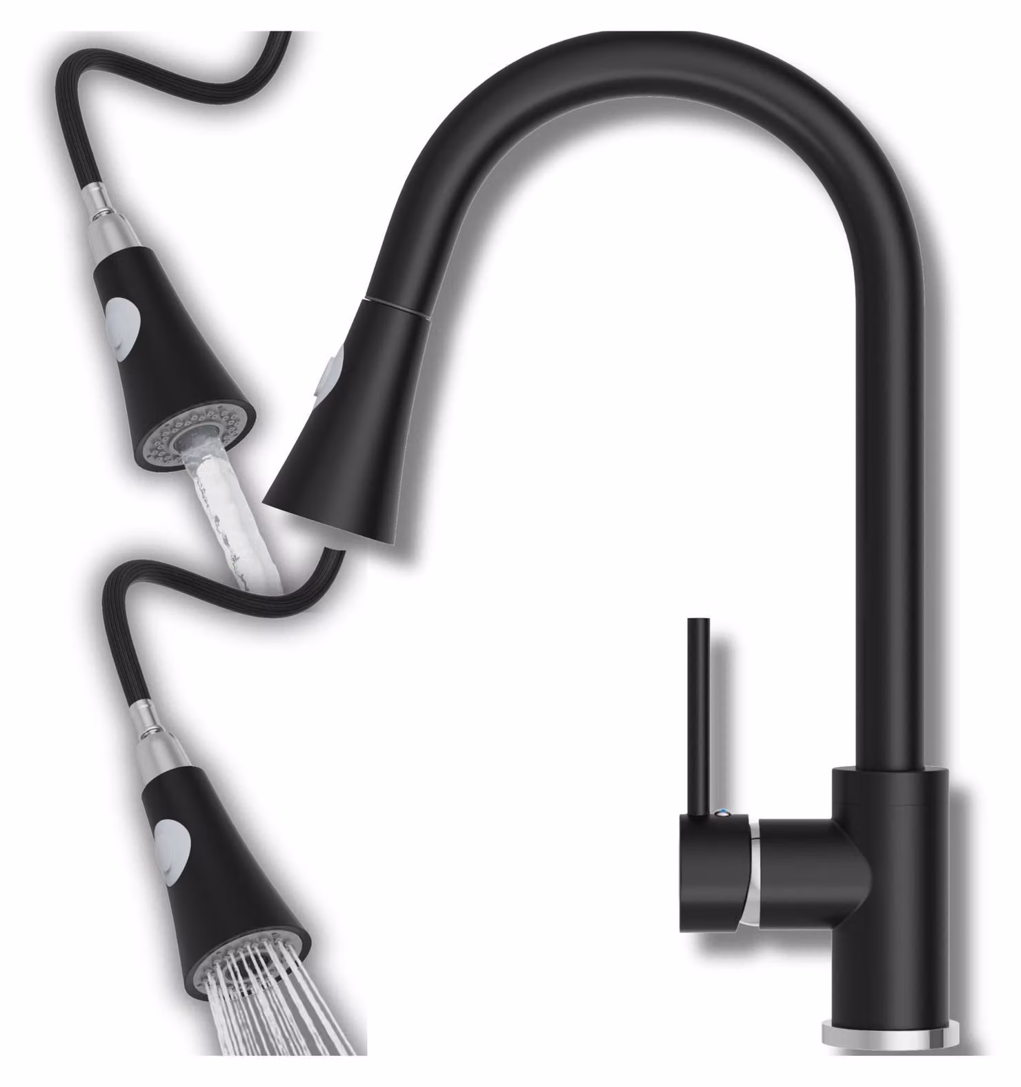 Granitan - Rubinetto da cucina - Rubinetto per lavello - Bocca estraibile - 2 tipi di getto - Nero - SNAKE