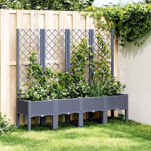 Fioriera da giardino con traliccio per piante rampicanti Design Mania, colore grigio blu, L: 160 cm, P: 40 cm, H: 142 cm