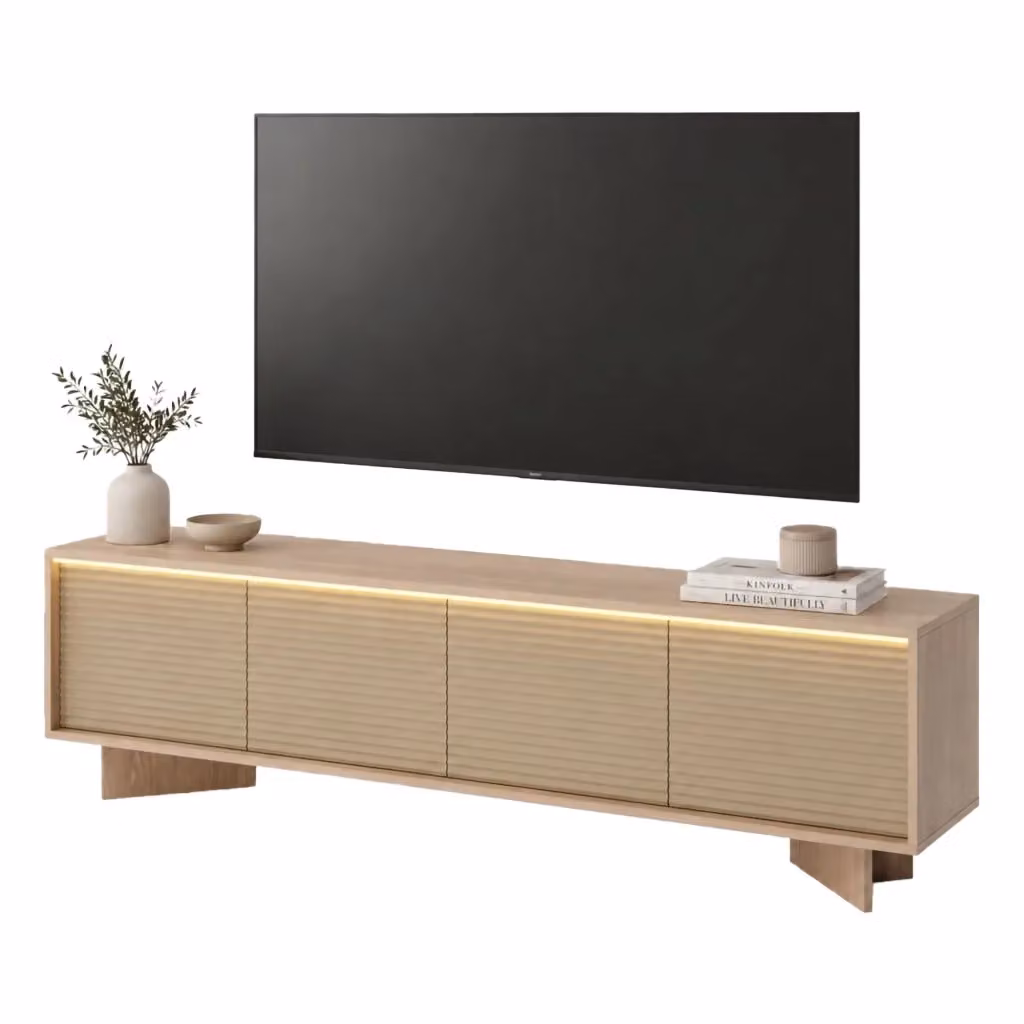 Mobile porta TV Kame DMORA in legno rovere marrone e beige con illuminazione integrata L: 204 cm, P: 40 cm, H: 54 cm – 2