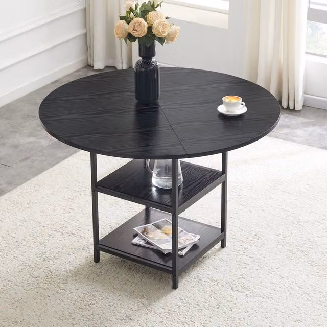 Tavolo da Pranzo Rotondo Minimal con Piano in MDF Nero e Gambe in Metallo, Diametro: 107 cm