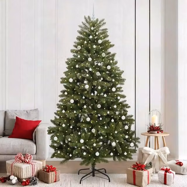 Albero di Natale artificiale moderno vidaXL verde con 300 LED bianco caldo in PVC e metallo, Altezza: 240 cm