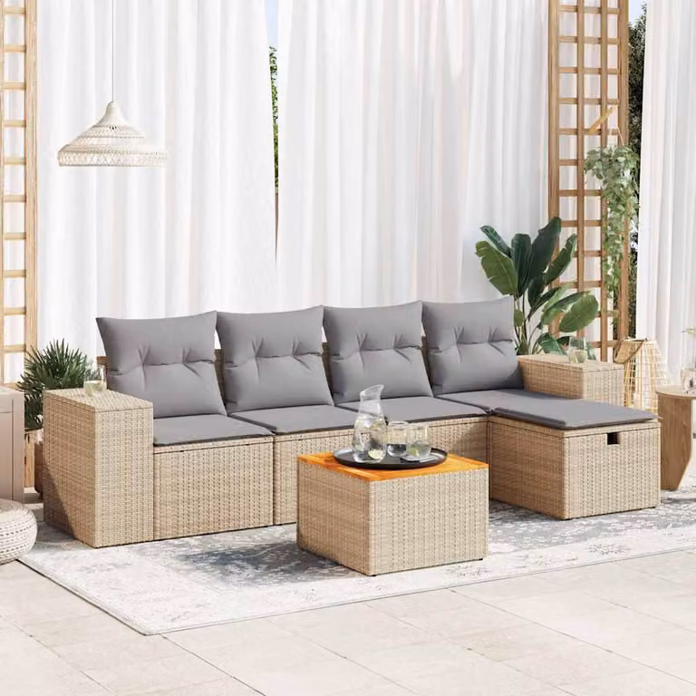 Set Divano da Giardino a L vidaXL in Polyrattan con 6 Pezzi e Cuscini Beige