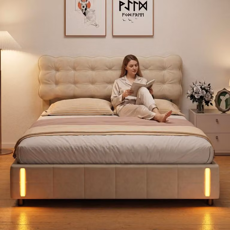Letto imbottito in velluto ProximaX 160x200 cm beige con contenitore – Base letto idraulica con illuminazione a LED con sensore e testiera a fiori, letto matrimoniale moderno