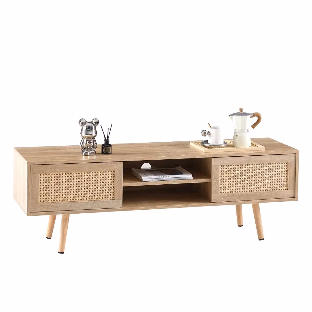 Mobile TV Minimal in Rovere massiccio con 2 ante scorrevoli e ripiani regolabili, L: 140 cm, P: 40 cm, H: 45 cm – 2