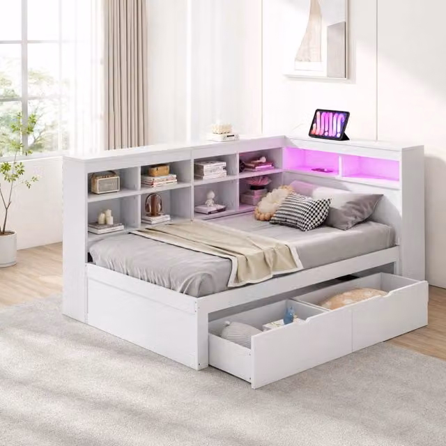 Divano letto multifunzionale in legno massello 90x200 cm con LED; USB e vani portaoggetti; bianco