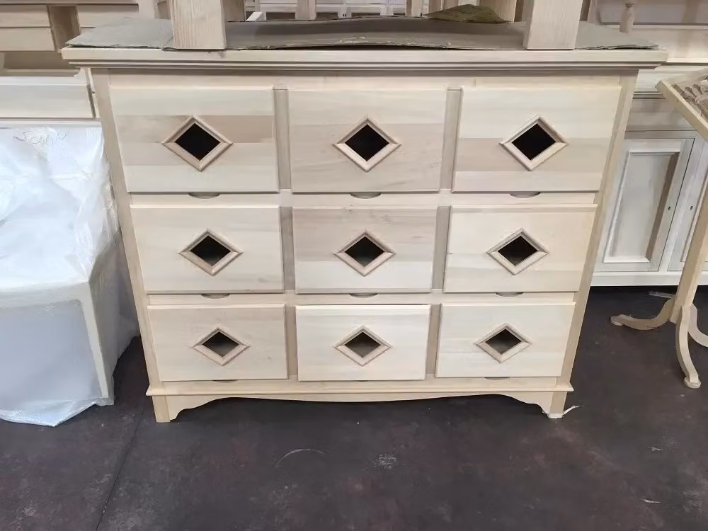 Cassettiera classica in legno grezzo con 9 cassetti Mobili 2G L: 147 cm, P: 55 cm, H: 119 cm – 3