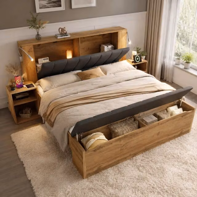 Letto matrimoniale 160x200 cm in rovere con testiera reclinabile in lino, lampade da lettura USB, due comodini e panca portaoggetti