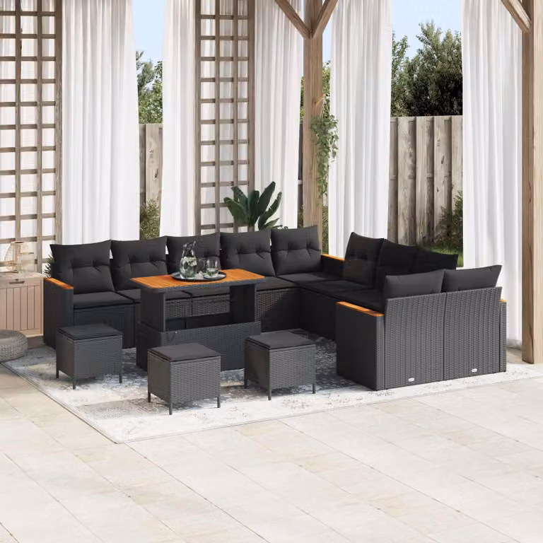Set Divano da Giardino vidaXL 14 Pezzi in Polyrattan Nero con Cuscini e Tavolino da Esterno a Forma di U