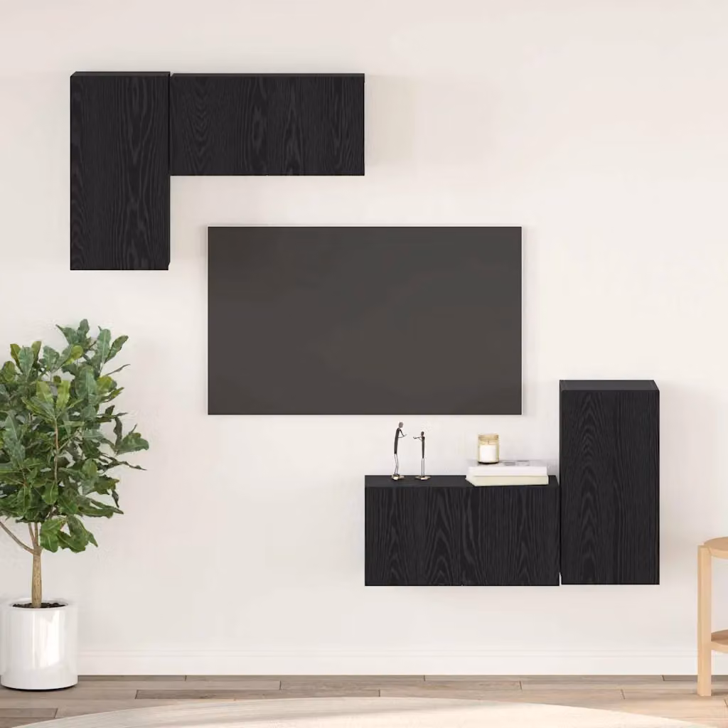 Set mobile TV moderno vidaXL da 4 pezzi in legno ingegnerizzato e rovere, colore nero, montaggio a parete, L: 60 cm, P: 30 cm, H: 30 cm – 1