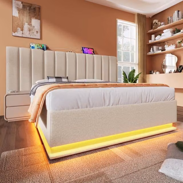 Letto contenitore 180x200 cm; LED e ricarica USB C; lino; beige (Senza materasso)