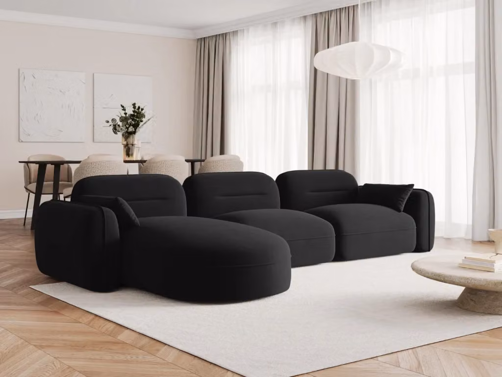 Divano angolare modulare Sydney Cosmopolitan Design, 4 posti in velluto nero, configurazione sinistra, L 320 x P 140 x H 70 cm – 2