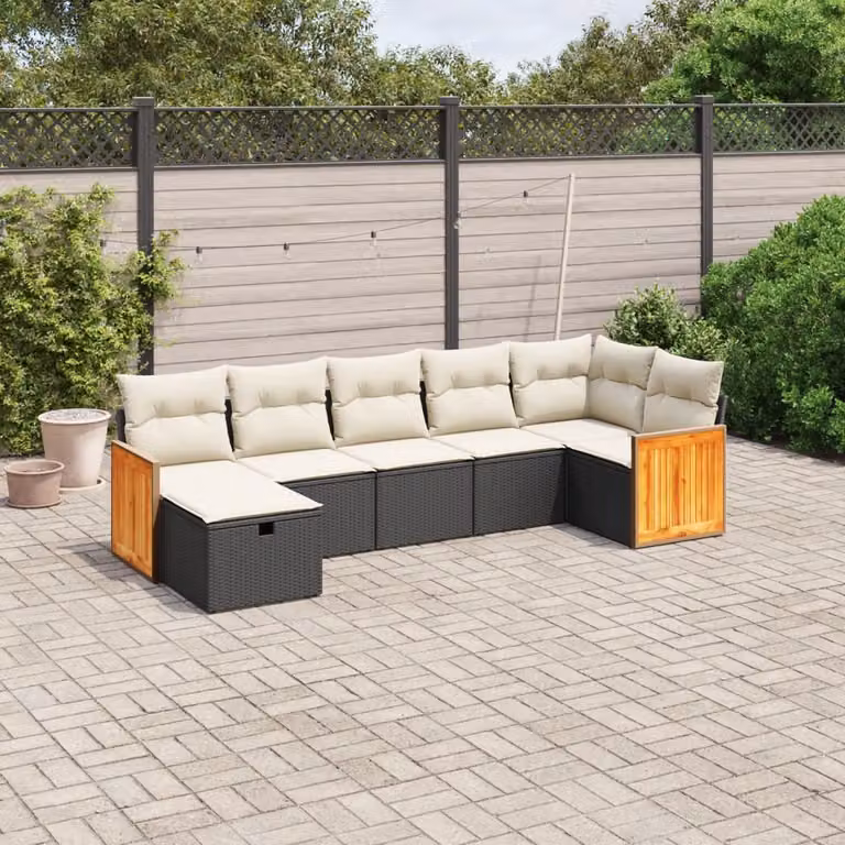 vidaXL Set Divano da Giardino a L con 7 Cuscini, Polyrattan e Acciaio Verniciato, Nero e Bianco
