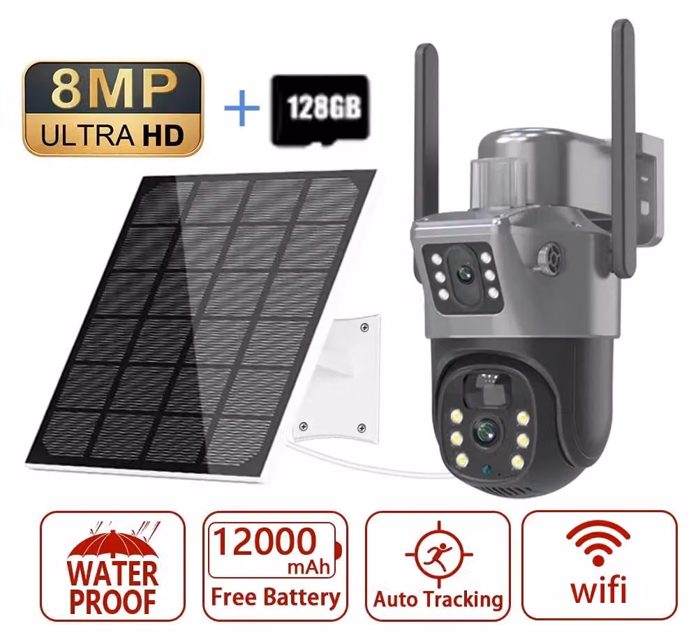 Telecamera di sorveglianza solare con Wi-Fi, PTZ (pan-tilt-zoom), risoluzione 4K 8 MP, doppio obiettivo, doppio schermo, tracciamento automatico, per uso esterno, con memoria interna da 128 GB