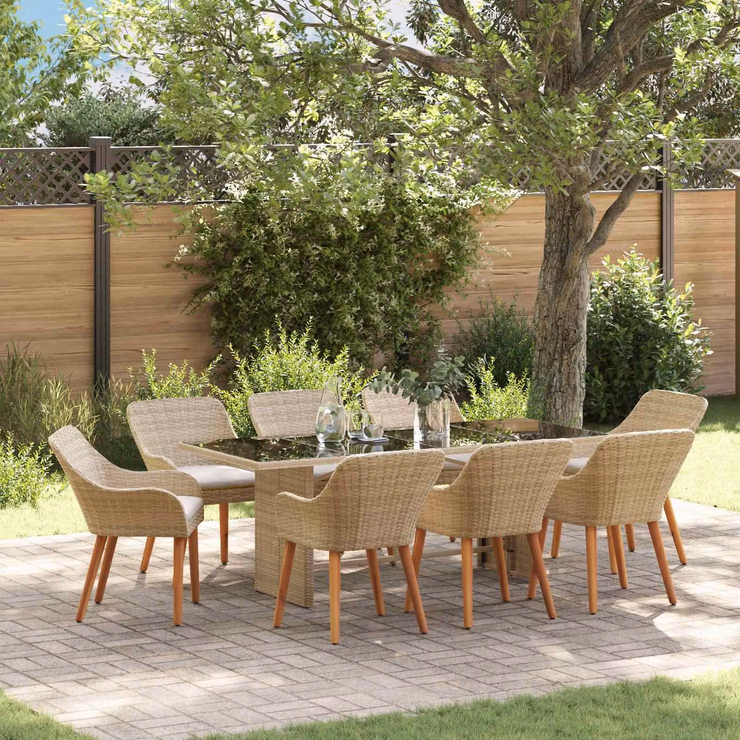 Set da pranzo per giardino e terrazzo vidaXL in polyrattan beige, 9 pezzi – 1