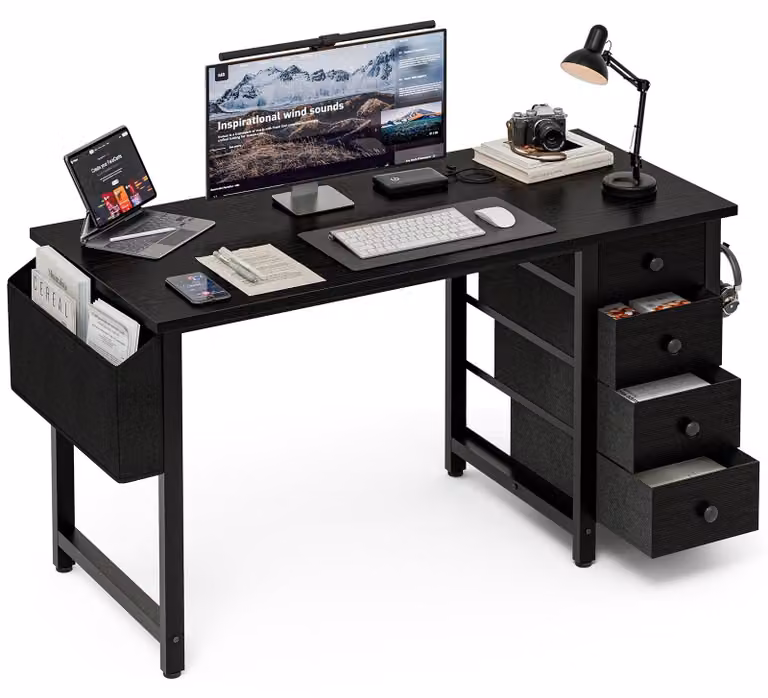 Scrivania con 4 cassetti, 120 cm, rivestita in tessuto, ideale per piccoli spazi
