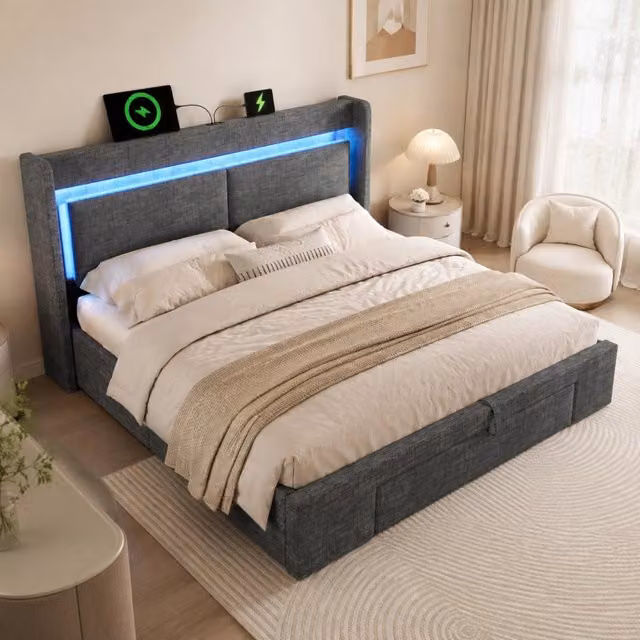 Letto matrimoniale 180x200 cm con contenitore idraulico; LED; USB e Type-C; grigio in lino