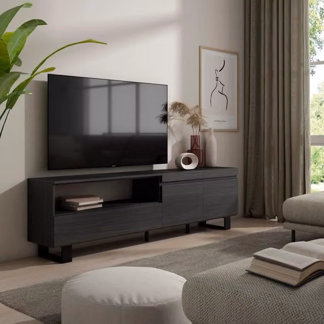 Mobile TV, 200x35x57cm, soggiorno, Per TV fino a 80", Design industriale, Nero RF2179