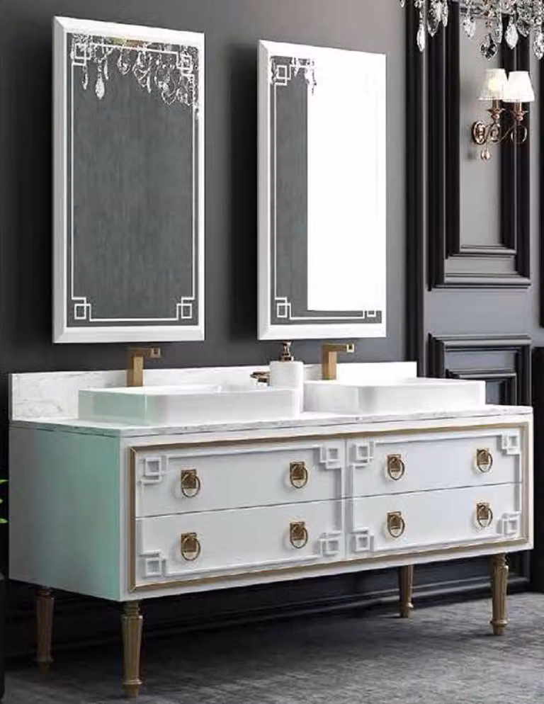 Casa Padrino set da bagno bianco / oro - 1 lavabo con 4 cassetti e 2 lavabi e 2 specchi da parete - Mobili da bagno