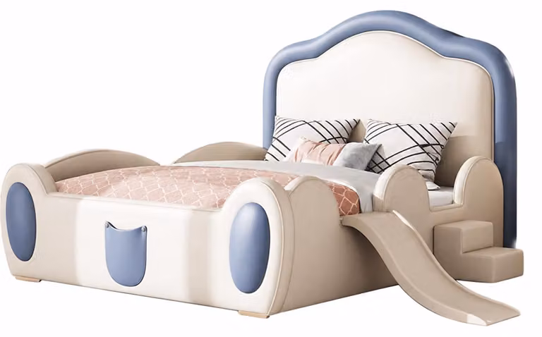 Letto per bambini beige, multifunzionale, con scivolo e scaletta