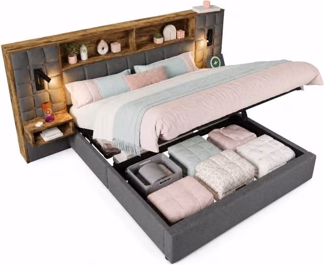 Letto contenitore 160×200 cm; con lampade da lettura; porte USB e Type-C; senza materasso; in lino grigio