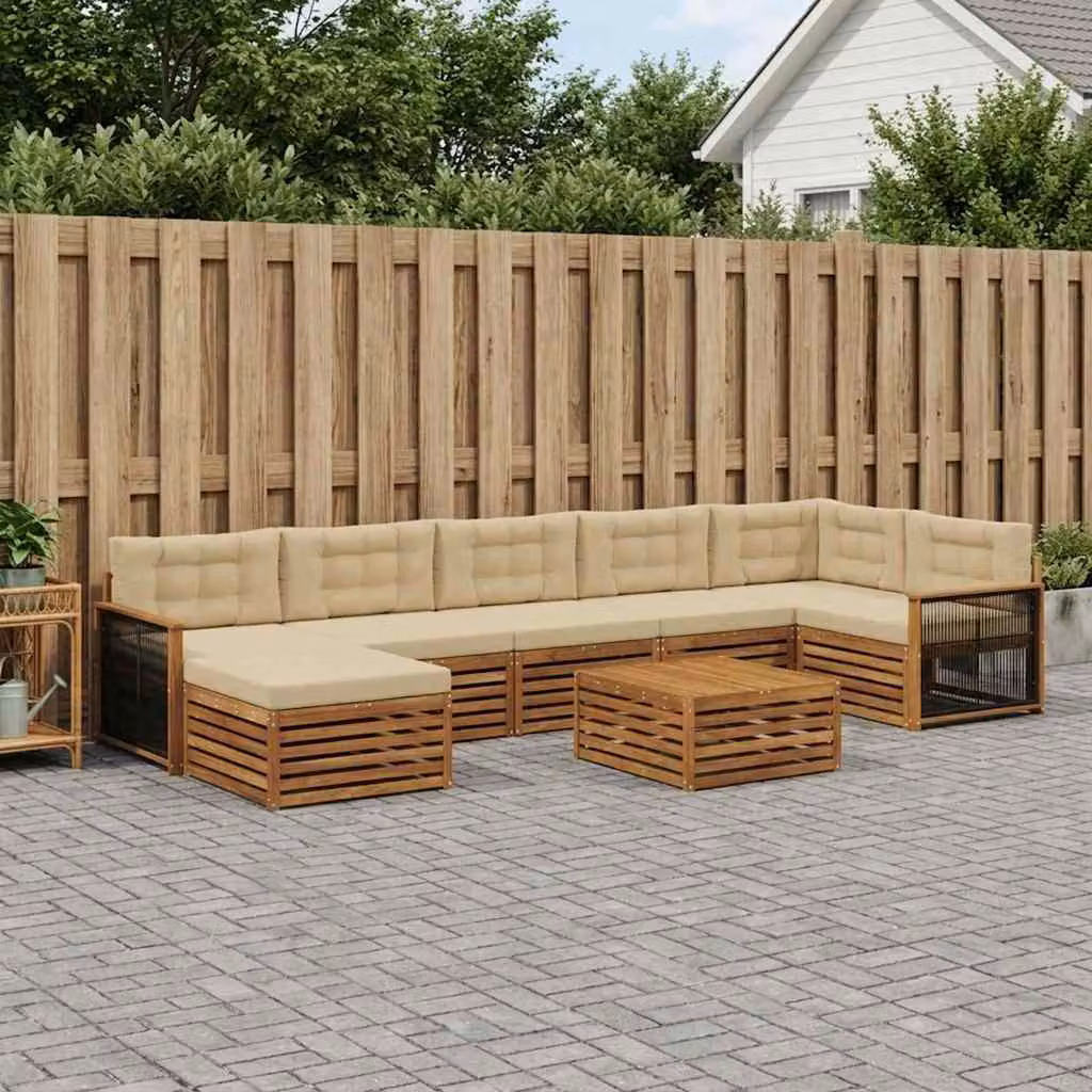 Set di divani da esterno vidaXL a forma di L in legno di acacia con tavolino e pouf, 8 pezzi, Beige e Marrone