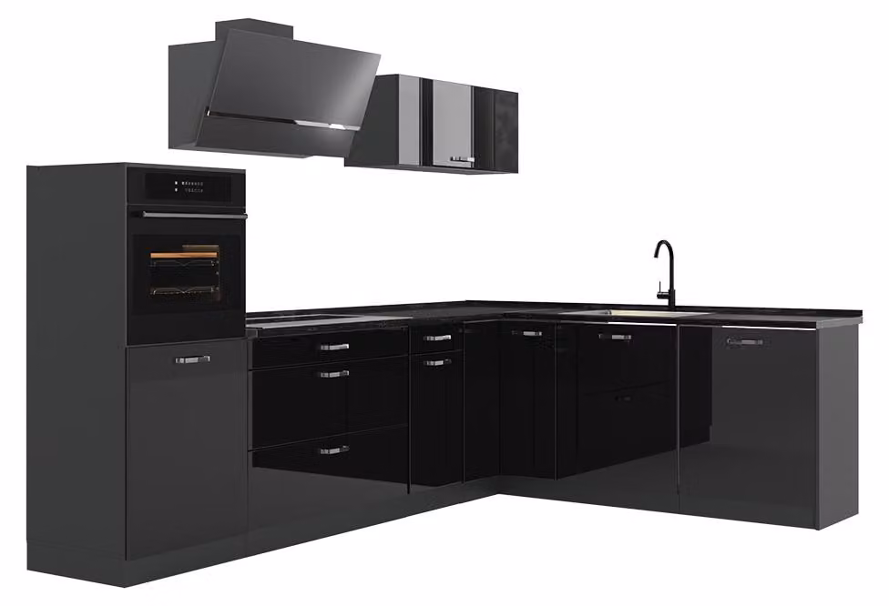 Cucina angolare completa Vicco R-Line Nero lucido/Antracite 287 x cm senza piano di lavoro, Model 66760