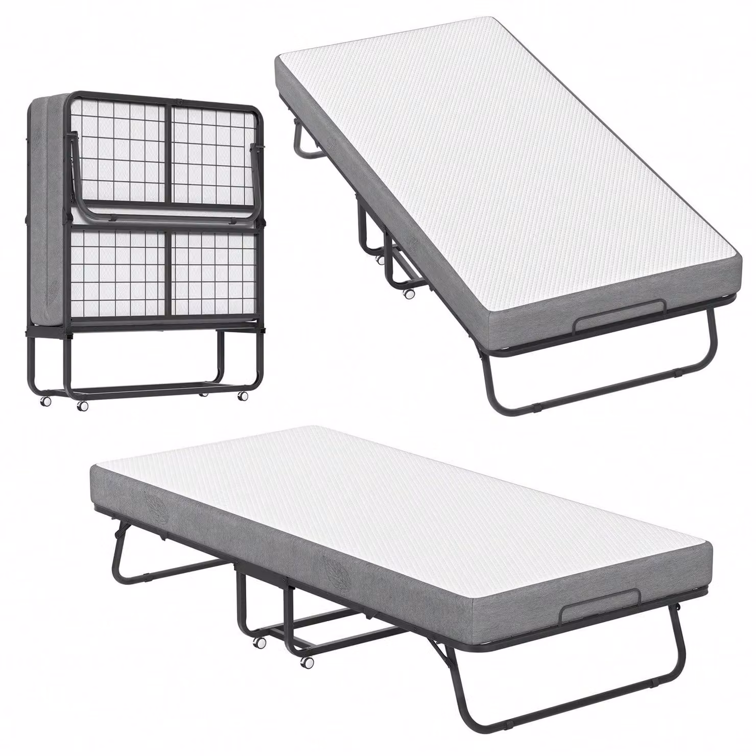 Letto pieghevole per ospiti QEENTOE, 200x90 cm, nero, struttura in metallo con materasso da 13 cm, pieghevole con ruote, letto da viaggio con struttura in metallo