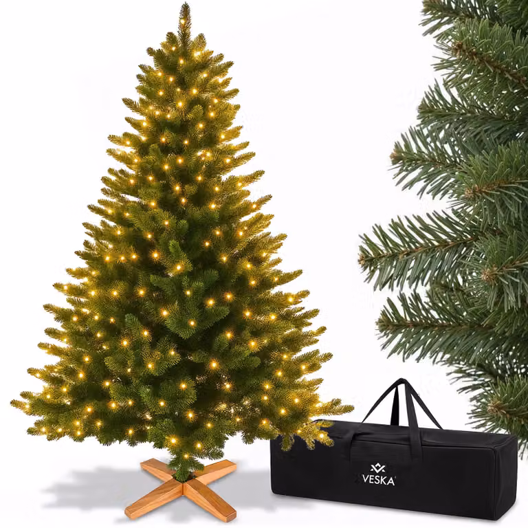 Albero di Natale artificiale Premium 180 cm - con supporto in legno, abete Nordmann, abete artificiale, realistico, rami fitti con LED