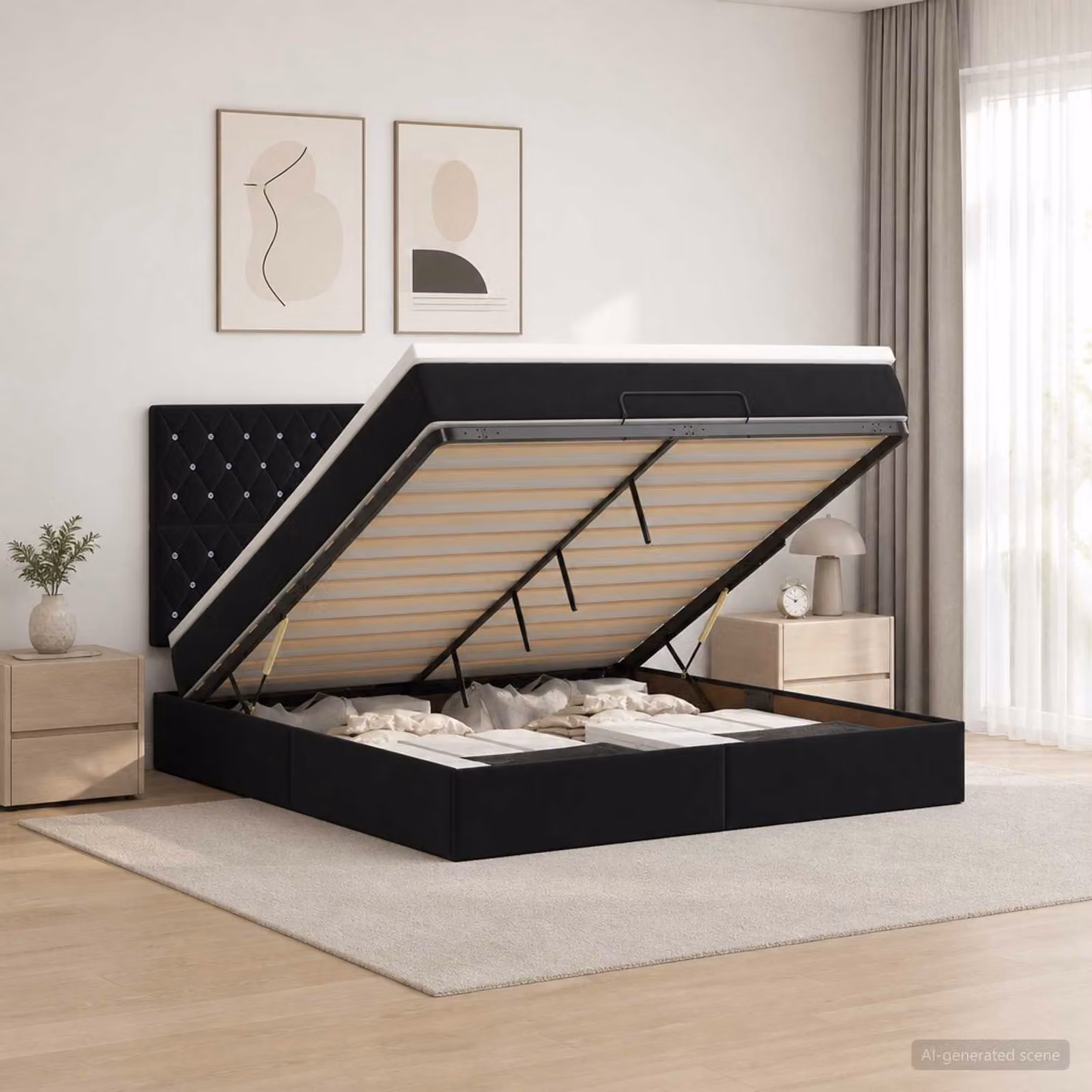Letto ottomano con materasso vidaXL in velluto nero L: 180 cm, P: 200 cm, H: 88 cm