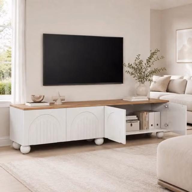 Mobile TV ULEVR 180x40x45 cm con 4 ante, 6 gambe in metallo, MDF bianco e effetto rovere