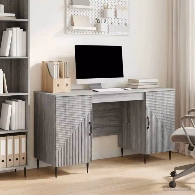 Scrivania moderna vidaXL in MDF e metallo grigia L: 142,5 cm, P: 50 cm, H: 75 cm