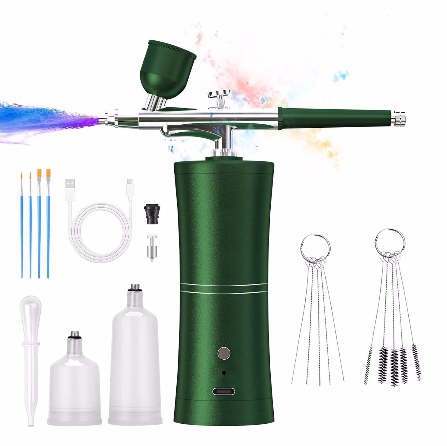Kit per aerografo con compressore, batteria, ugello da 0,3 mm, 2 livelli di pressione, colore verde