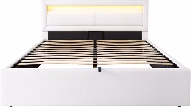 Letto imbottito con contenitore e rete a doghe 140x200 cm, testiera con illuminazione LED, rivestimento in ecopelle bianca