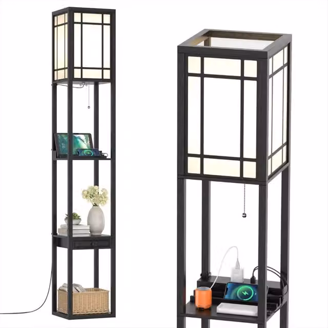 Lampada da terra con 3 ripiani e cassetto 26 x 26 x 160,5 cm ricarica USB spazio di archiviazione ottimale design moderno in MDF nero 20_0020465