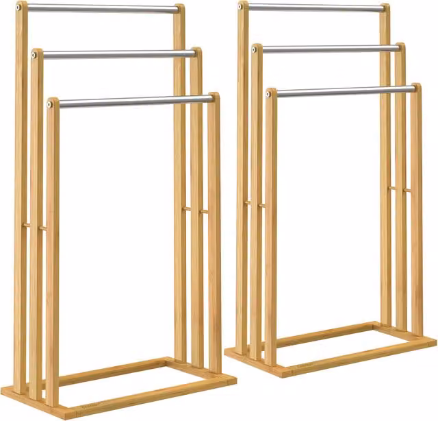 Set di 2 portasciugamani autoportanti Casaria® in bambù marrone con 3 barre in acciaio inox, H: 84 cm, L: 46 cm, P: 24 cm – 1