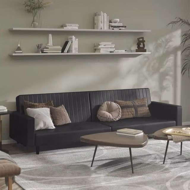 Divano Letto Click-Clack Moderno vidaXL in Similpelle Nero con Struttura in Legno Solido e Poggiatesta Regolabile L: 220 cm, P: 84,5 cm, H: 69 cm