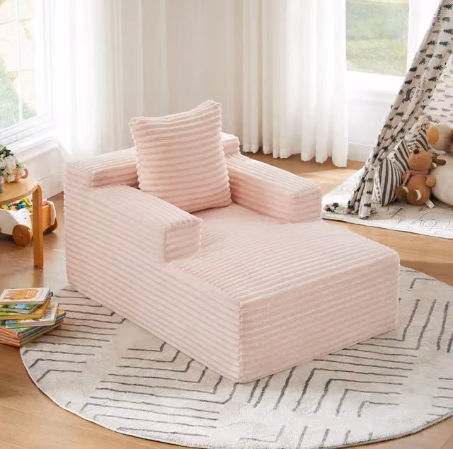 Divano chaise longue ULEVR in velluto a coste rosa, imbottitura in schiuma e molle insacchettate, senza montaggio