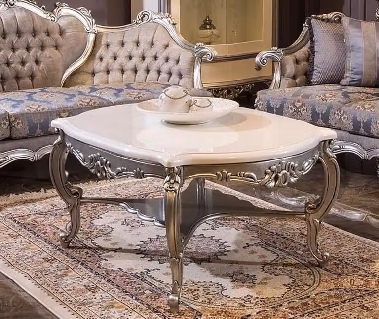 Casa Padrino tavolino barocco bianco / argento 118 x 89 x h. 58 cm - Tavolo da salotto in legno massiccio - Mobili in stile barocco