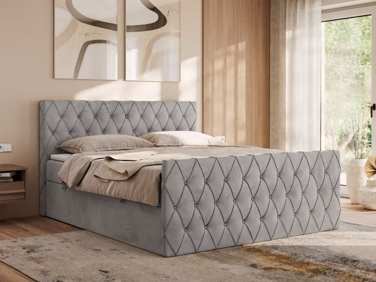 Letto boxspring MKS MEBLE 180x200 con contenitore, letto 180x200 con materasso H4, letto boxspring 180x200 con topper - Miren Duo - Grigio chiaro Velvet - H4