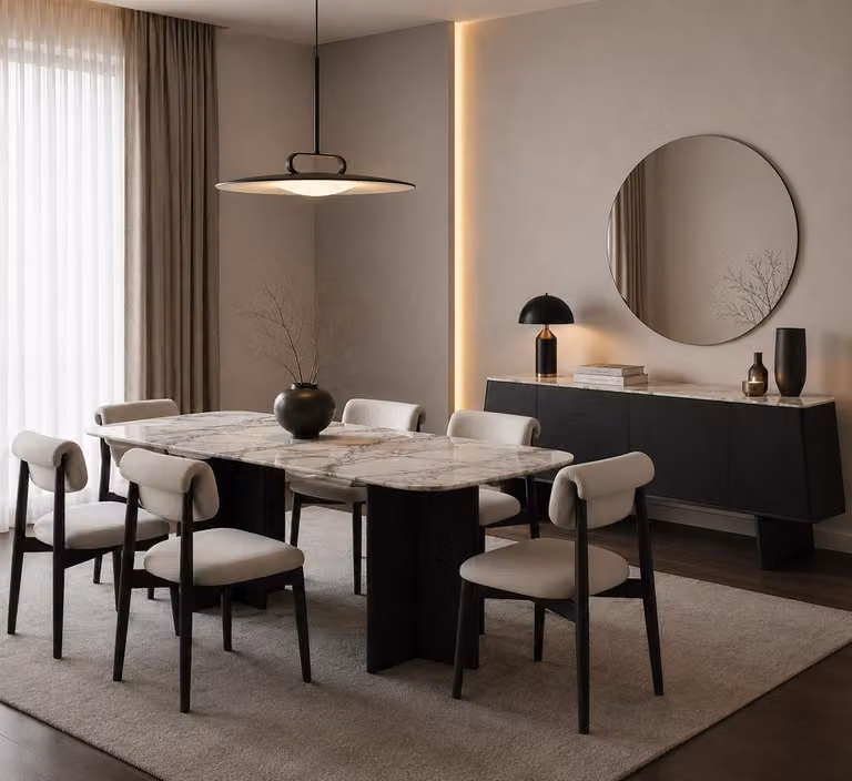 Set moderno per sala da pranzo: tavolo da pranzo esclusivo, 6 sedie, credenza