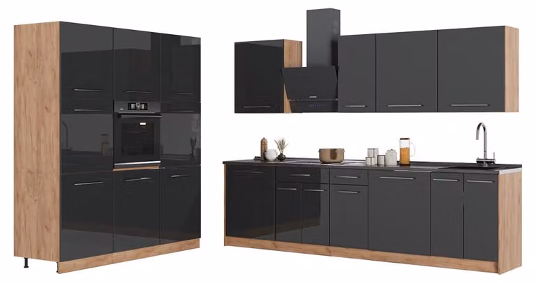 Cucina componibile Vicco Fame-Line Antracite lucido/Rovere dorato 460 cm, PL Antracite, Model 63785