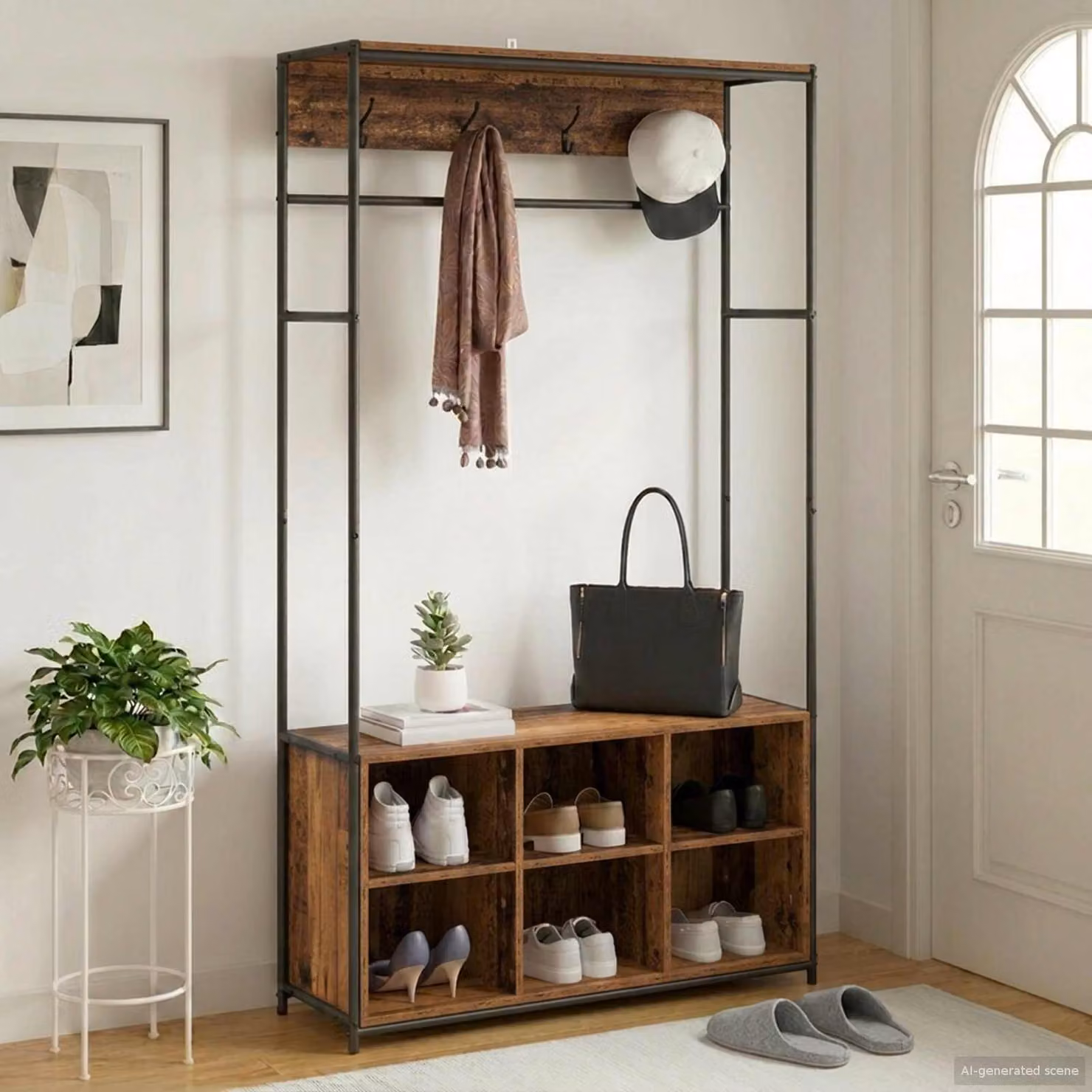 vidaXL Appendiabiti con panca per scarpe in stile industriale, colore marrone, L: 130,0 cm, P: 32,0 cm, H: 180,5 cm