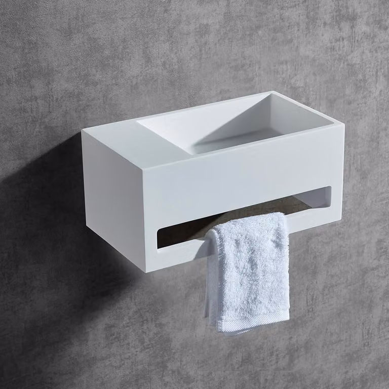 Lavabo BA2105 - Resina minerale - Bianco opaco - 35,5 x 20 x 16 cm - Finitura selezionabile, copri scarico aggiuntivo: con copri scarico aggiuntivo in bianco, finitura lavabo: piano di appoggio a sinistra