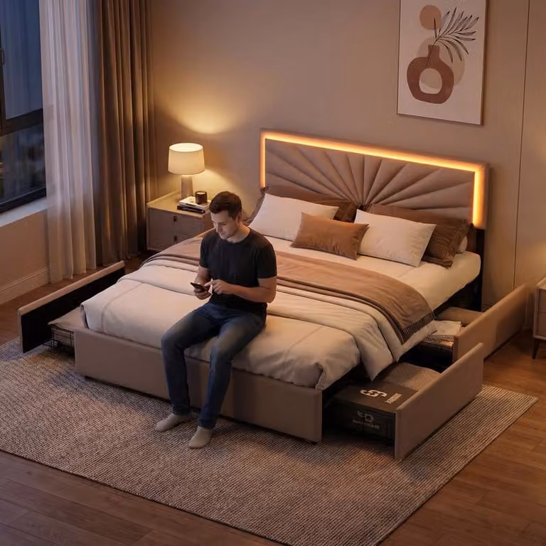 Letto imbottito ProximaX 160×200 cm con testiera a LED - letto in tessuto con 4 cassetti per camera da letto o camera degli ospiti, beige