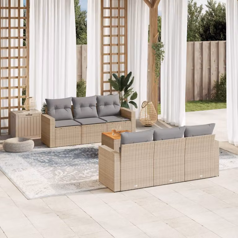 vidaXL Set Divani da Giardino 7 pz in Polyrattan con Cuscini Beige e Tavolino da Esterno
