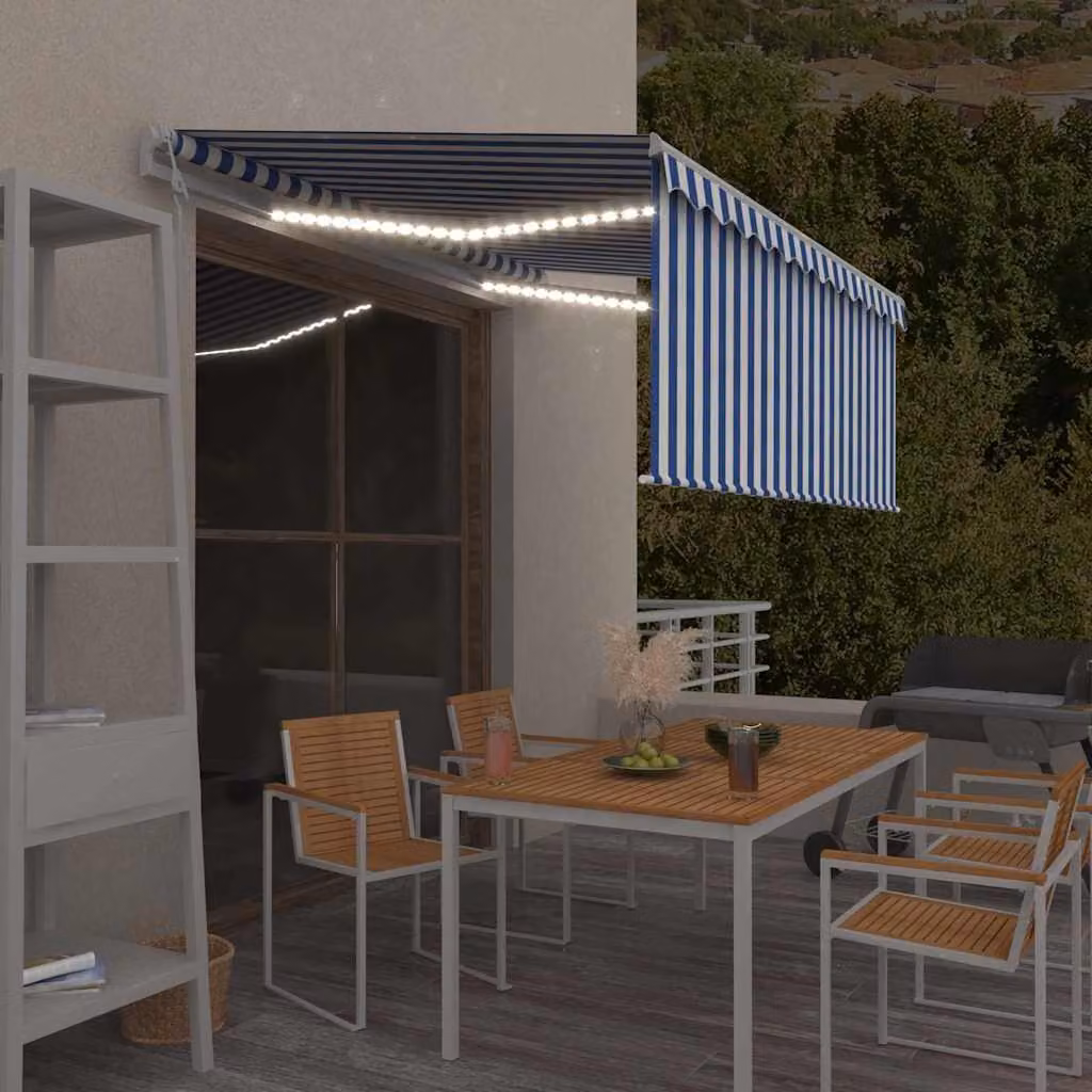 vidaXL Tenda Parasole Automatica con LED e Sensore Vento, Blu e Bianco, L: 3 m x P: 2,5 m