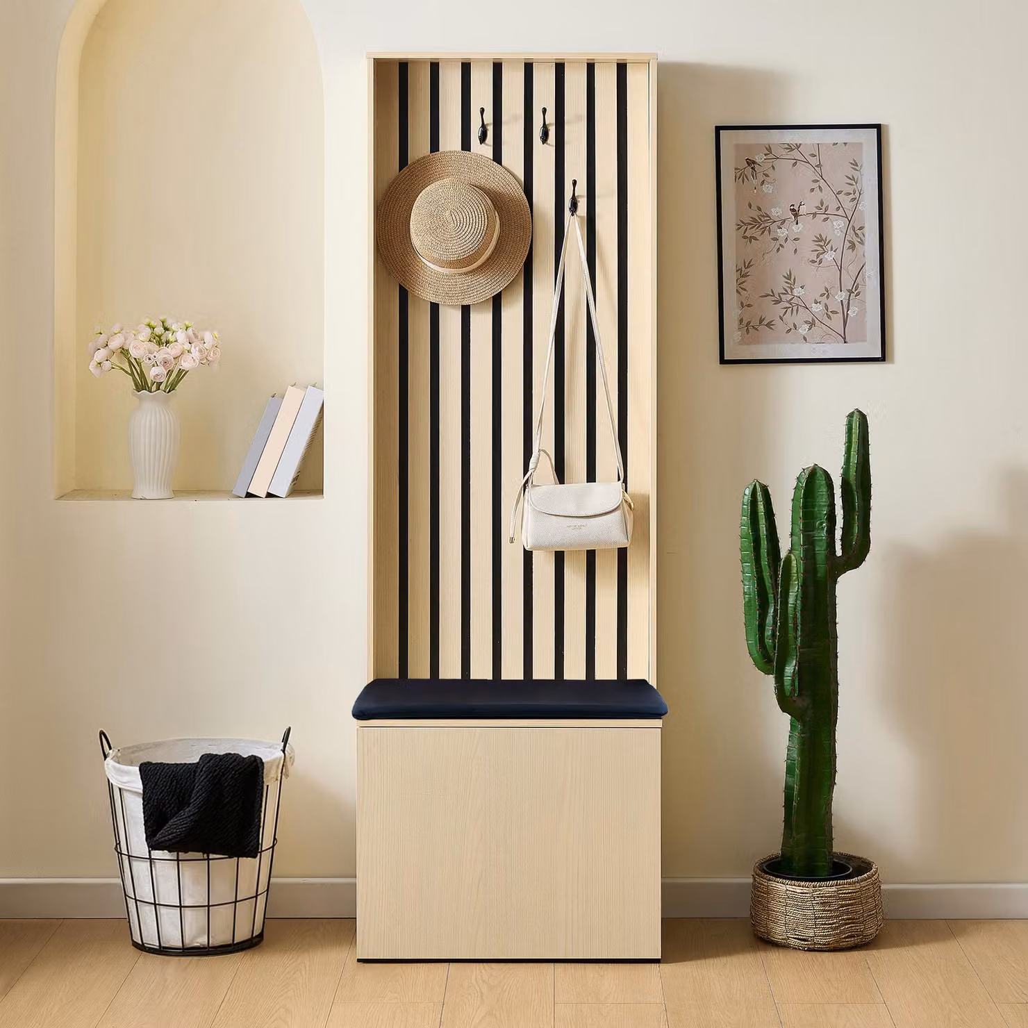 Armadio Flieks con panchina integrata e spazio per scarpe, organizer per l'ingresso con 4 ganci, cuscino per la panca e scomparti portaoggetti, armadio, stile naturale