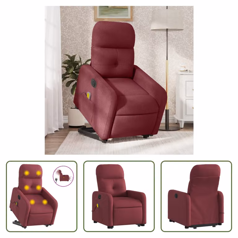 The Living Store Poltrona massaggiante elettrica con ausilio per l'alzata Tessuto rosso vino
