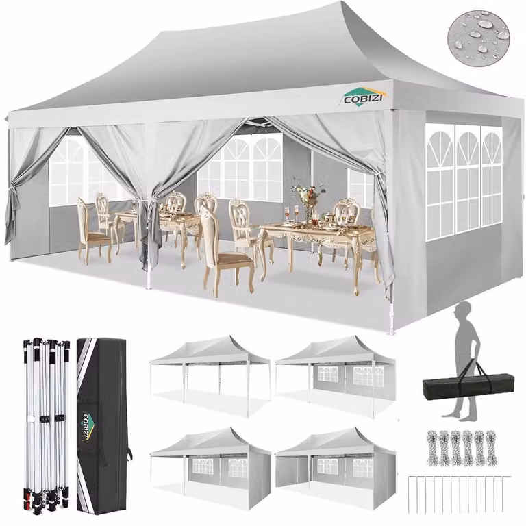 Gazebo da esterno 3x6 metri, colore bianco, tessuto Oxford 210D, protezione UV UPF50+, altezza regolabile da 300 a 320 cm, con 6 pannelli laterali