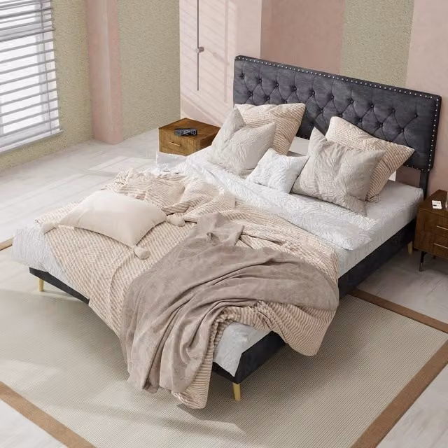 Letto matrimoniale 140 × 200 cm in velluto grigio con testiera alta e spazio sottoletto, senza materasso